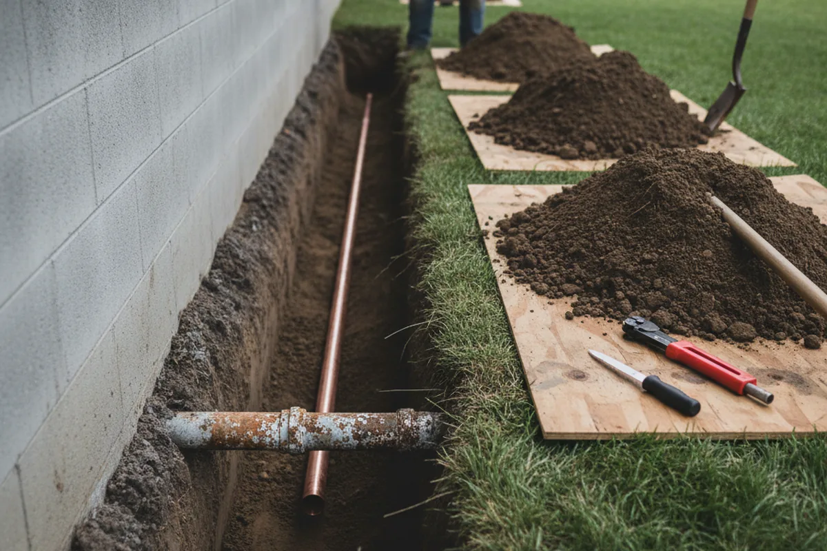 Excavated water line trench during Water Heater Repair in Weatherford